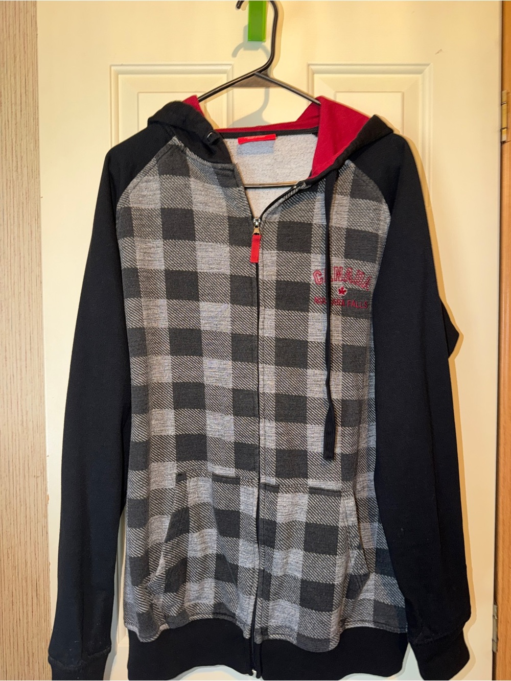 Men's Black & Gray Plaid Zip Hoodie with Red Trim